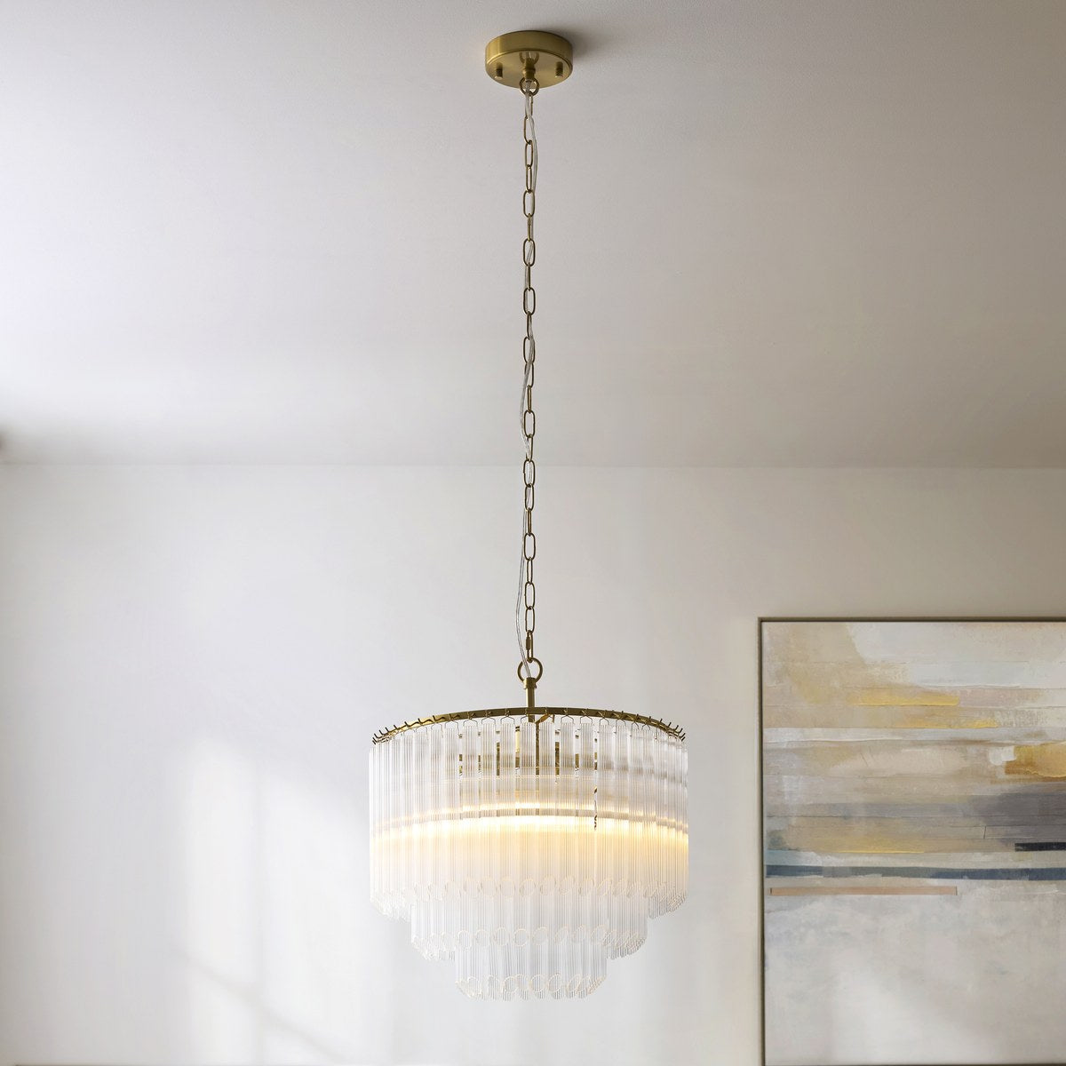 Endon Montpellier 3 Light Pendant Light in Brushed Aged Brass with Clear Ribbed Glass