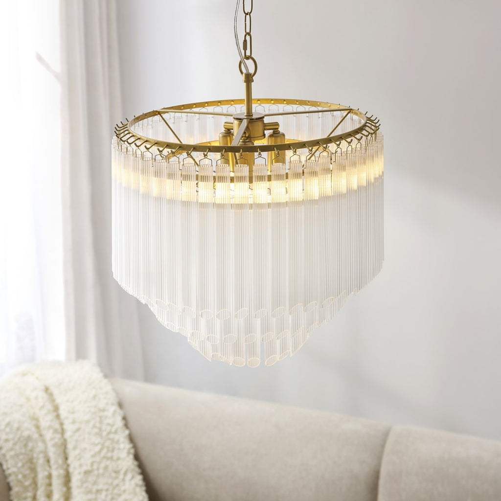 Endon Montpellier 3 Light Pendant Light in Brushed Aged Brass with Clear Ribbed Glass