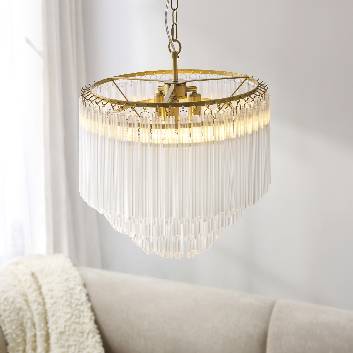 Endon Montpellier 3 Light Pendant Light in Brushed Aged Brass with Clear Ribbed Glass