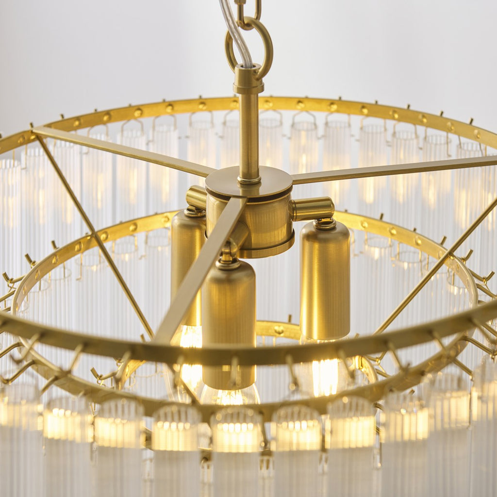 Endon Montpellier 3 Light Pendant Light in Brushed Aged Brass with Clear Ribbed Glass