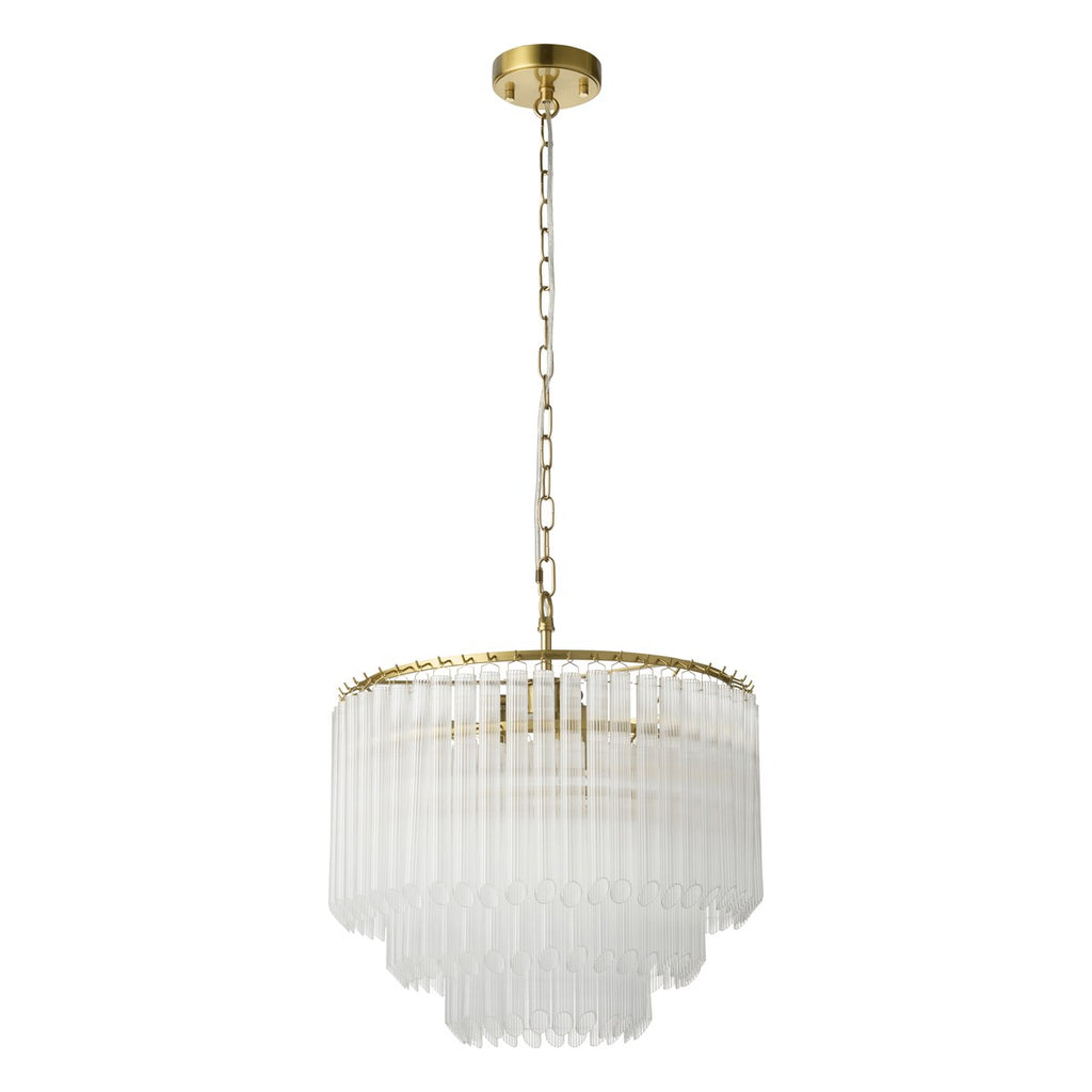 Endon Montpellier 3 Light Pendant Light in Brushed Aged Brass with Clear Ribbed Glass