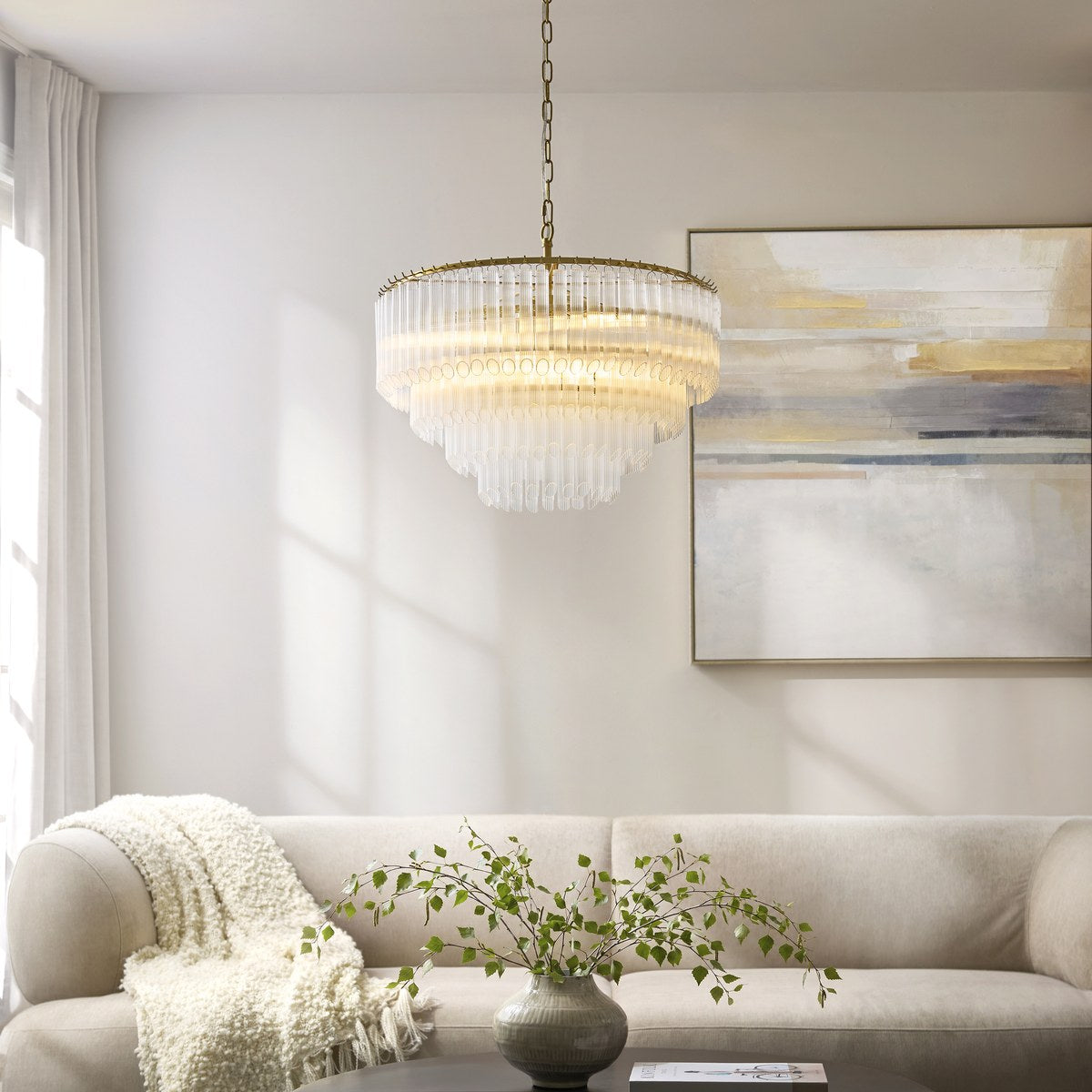 Endon Montpellier 6 Light Pendant Light in Brushed Aged Brass with Clear Ribbed Glass