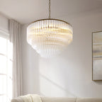Endon Montpellier 6 Light Pendant Light in Brushed Aged Brass with Clear Ribbed Glass