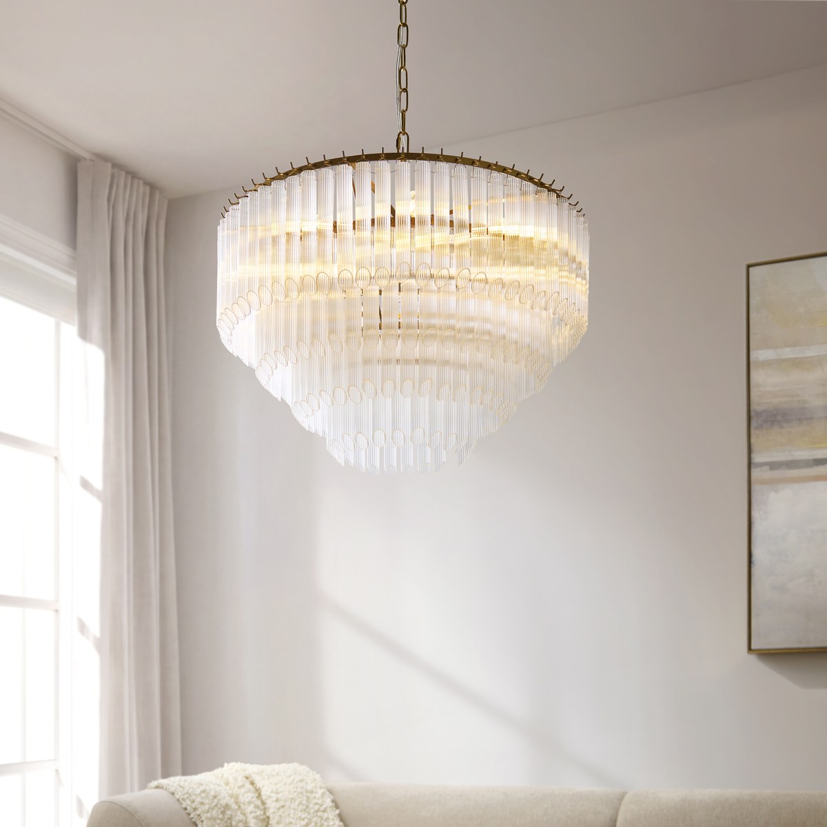 Endon Montpellier 6 Light Pendant Light in Brushed Aged Brass with Clear Ribbed Glass