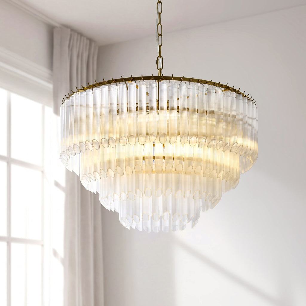 Endon Montpellier 6 Light Pendant Light in Brushed Aged Brass with Clear Ribbed Glass