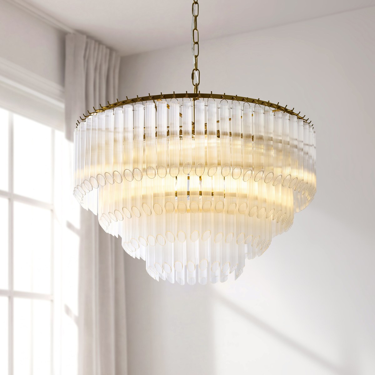 Endon Montpellier 6 Light Pendant Light in Brushed Aged Brass with Clear Ribbed Glass