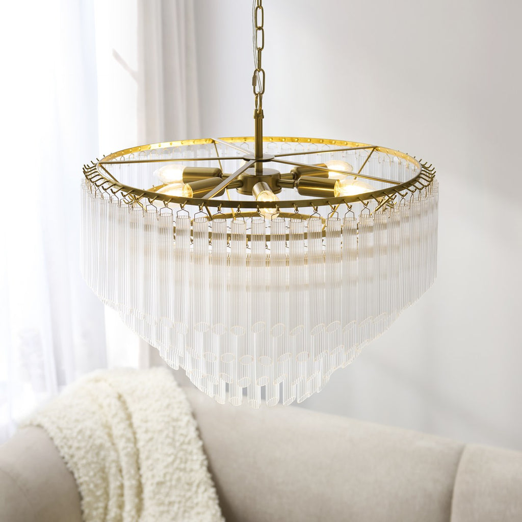 Endon Montpellier 6 Light Pendant Light in Brushed Aged Brass with Clear Ribbed Glass