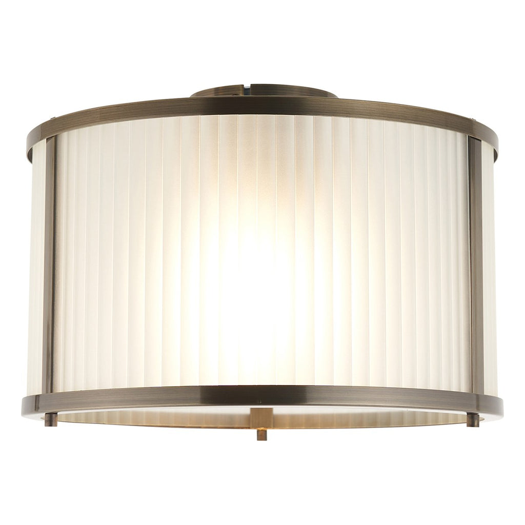 Endon Ridgeton Flush Ceiling Light in Antique Brass with Frosted Ribbed Glass
