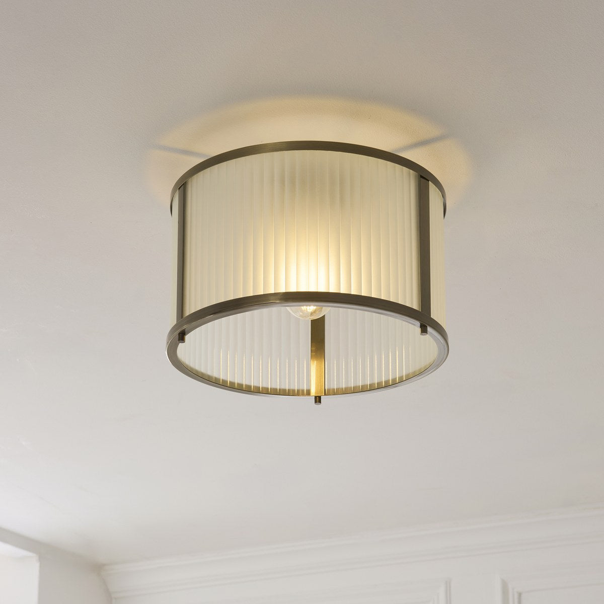 Endon Ridgeton Flush Ceiling Light in Antique Brass with Frosted Ribbed Glass