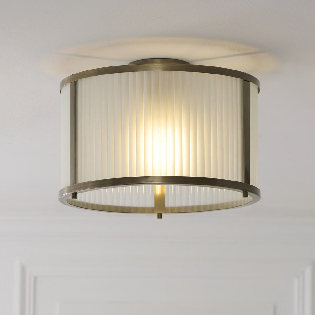 Endon Ridgeton Flush Ceiling Light in Antique Brass with Frosted Ribbed Glass