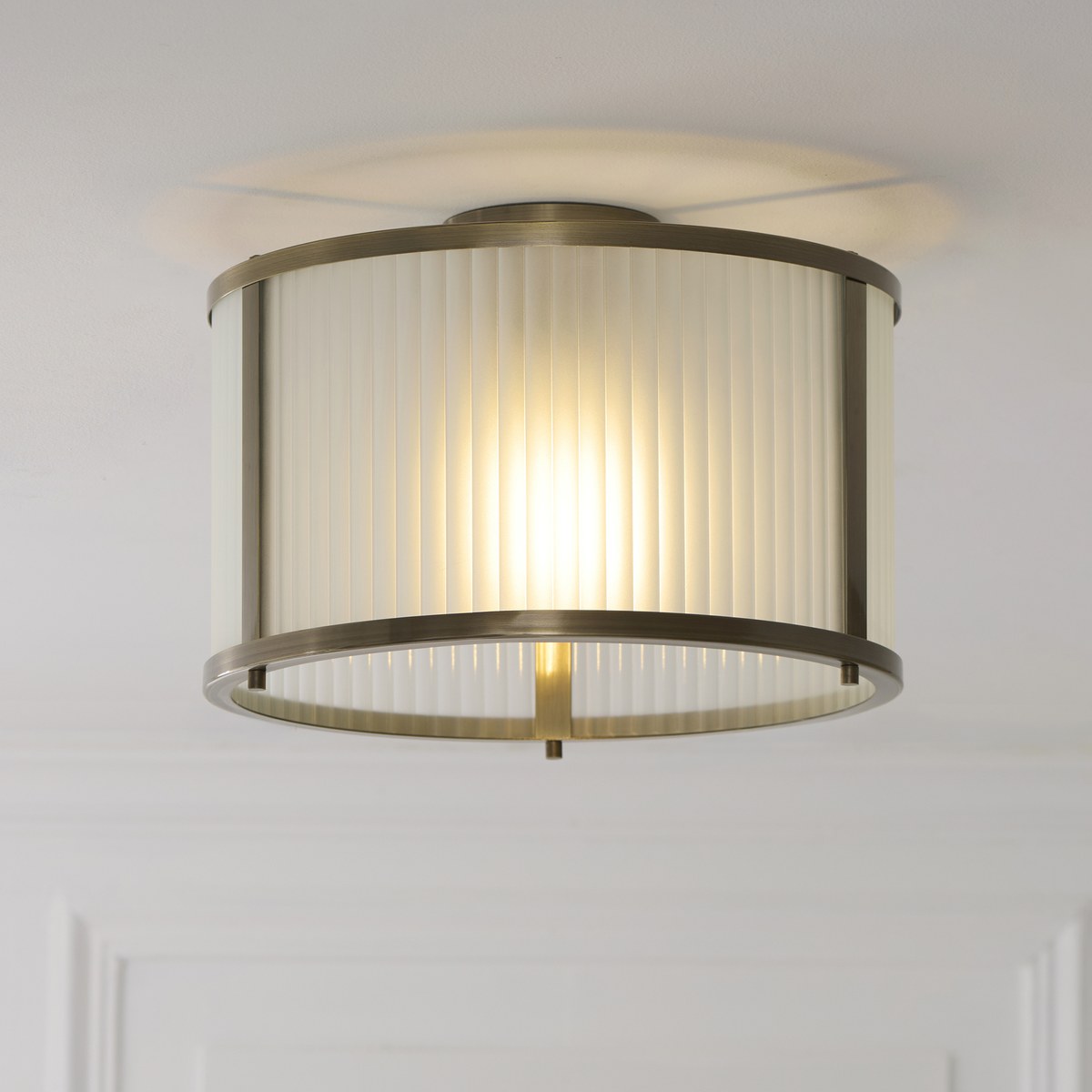 Endon Ridgeton Flush Ceiling Light in Antique Brass with Frosted Ribbed Glass