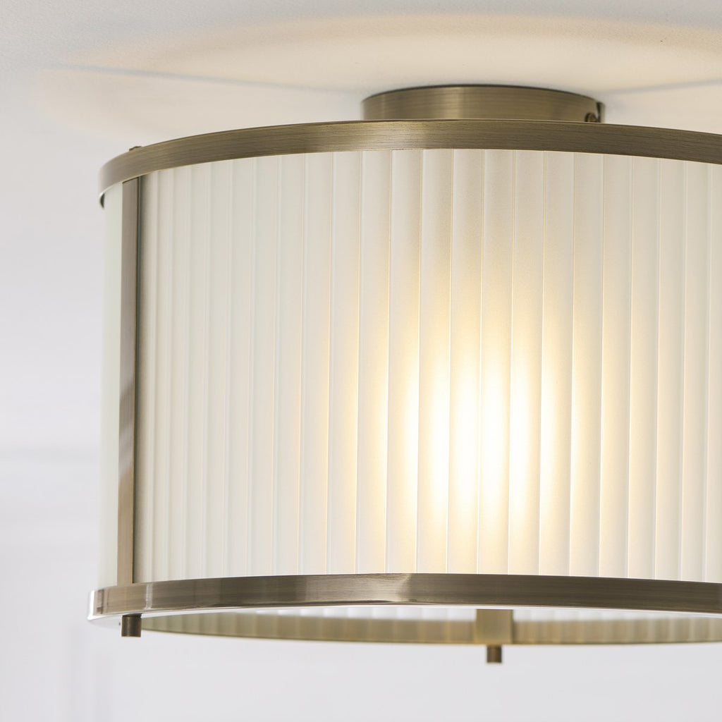 Endon Ridgeton Flush Ceiling Light in Antique Brass with Frosted Ribbed Glass