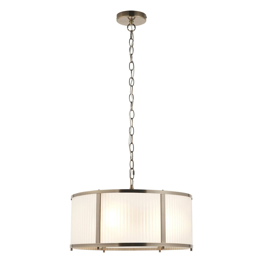 Endon Ridgeton 3 Light Pendant Light in Antique Brass with Frosted Ribbed Glass
