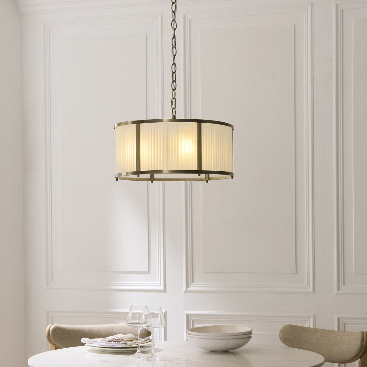 Endon Ridgeton 3 Light Pendant Light in Antique Brass with Frosted Ribbed Glass