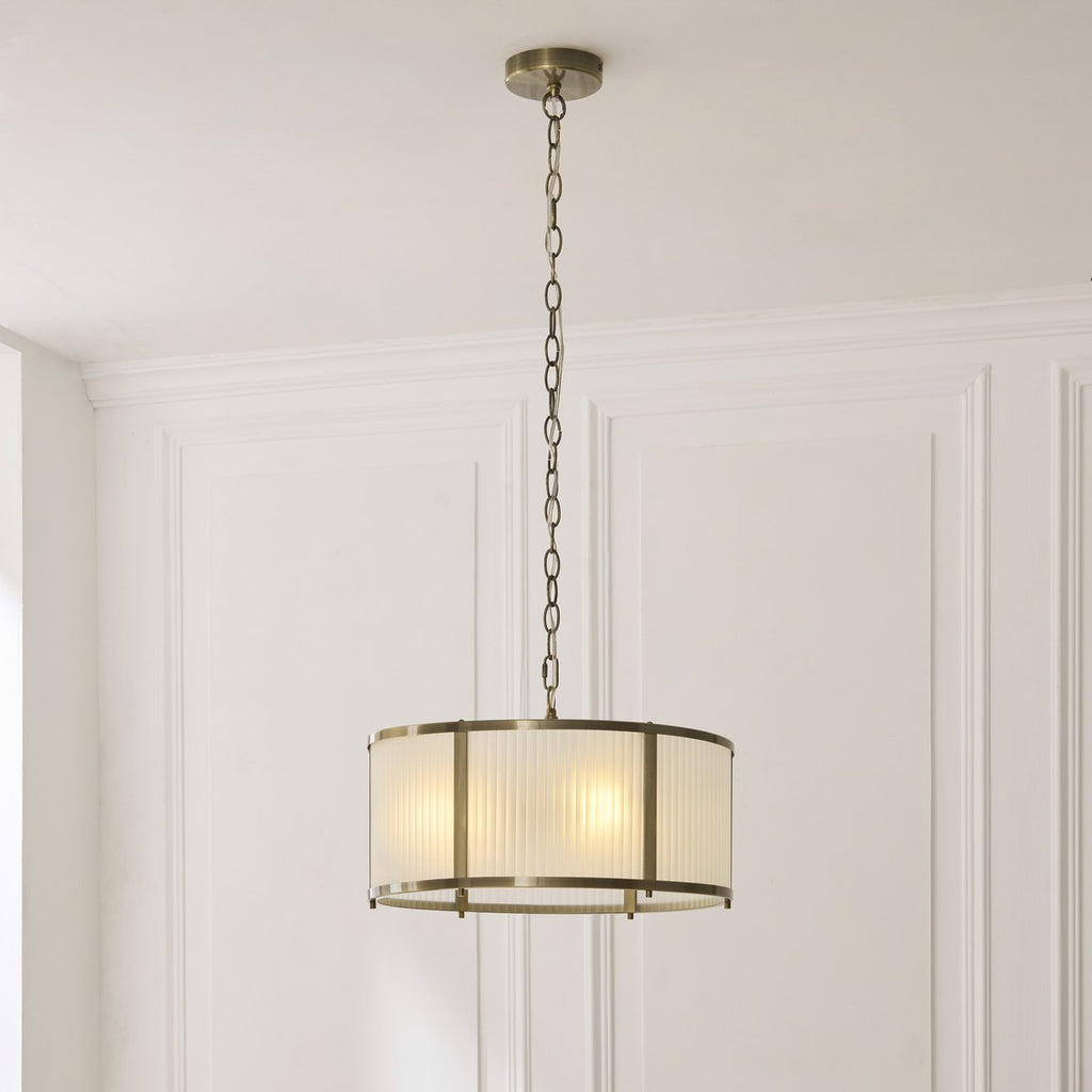 Endon Ridgeton 3 Light Pendant Light in Antique Brass with Frosted Ribbed Glass