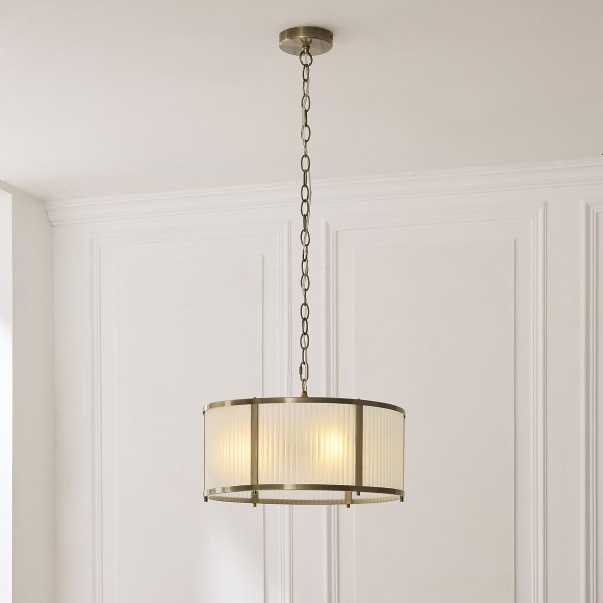 Endon Ridgeton 3 Light Pendant Light in Antique Brass with Frosted Ribbed Glass