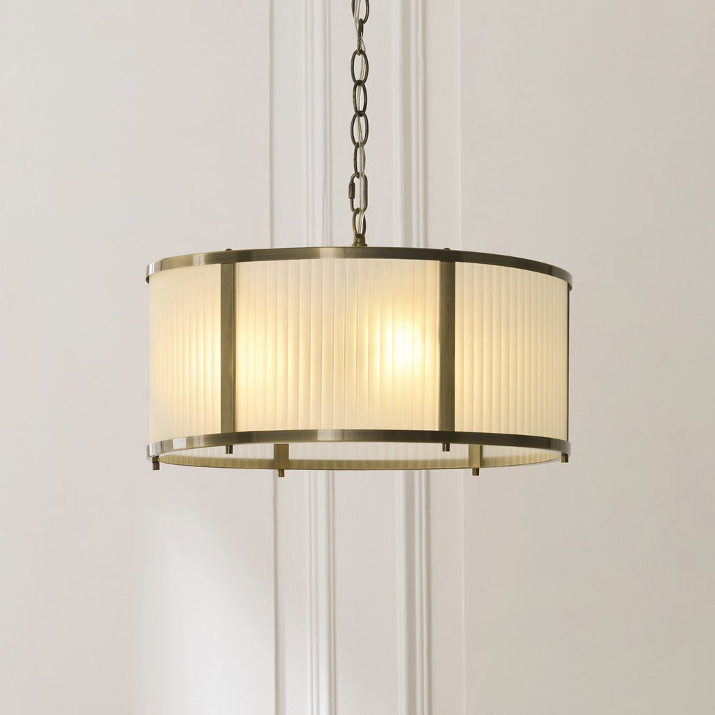 Endon Ridgeton 3 Light Pendant Light in Antique Brass with Frosted Ribbed Glass