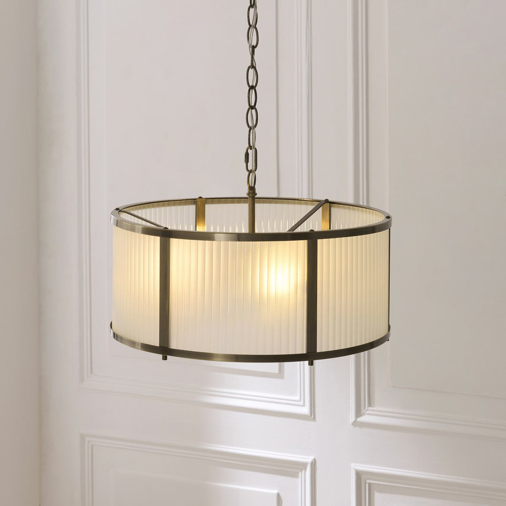 Endon Ridgeton 3 Light Pendant Light in Antique Brass with Frosted Ribbed Glass