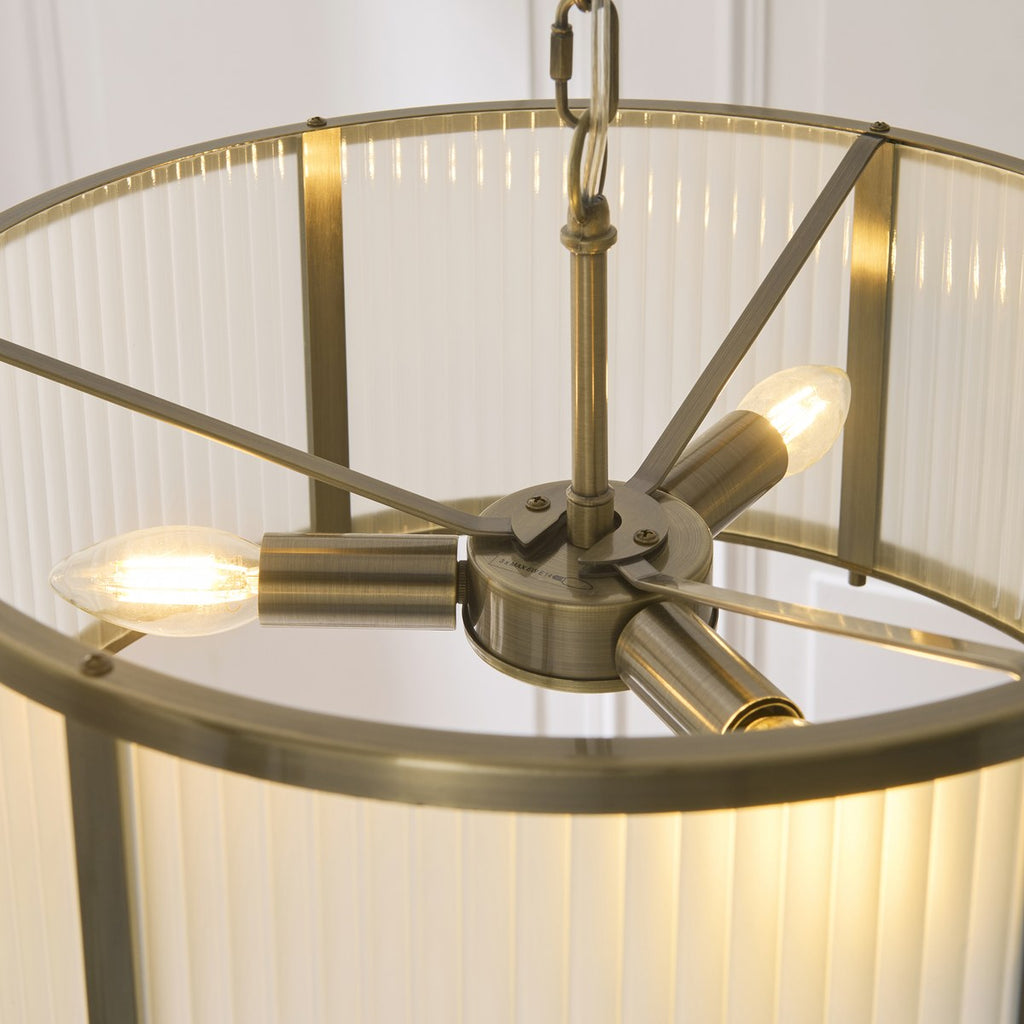 Endon Ridgeton 3 Light Pendant Light in Antique Brass with Frosted Ribbed Glass
