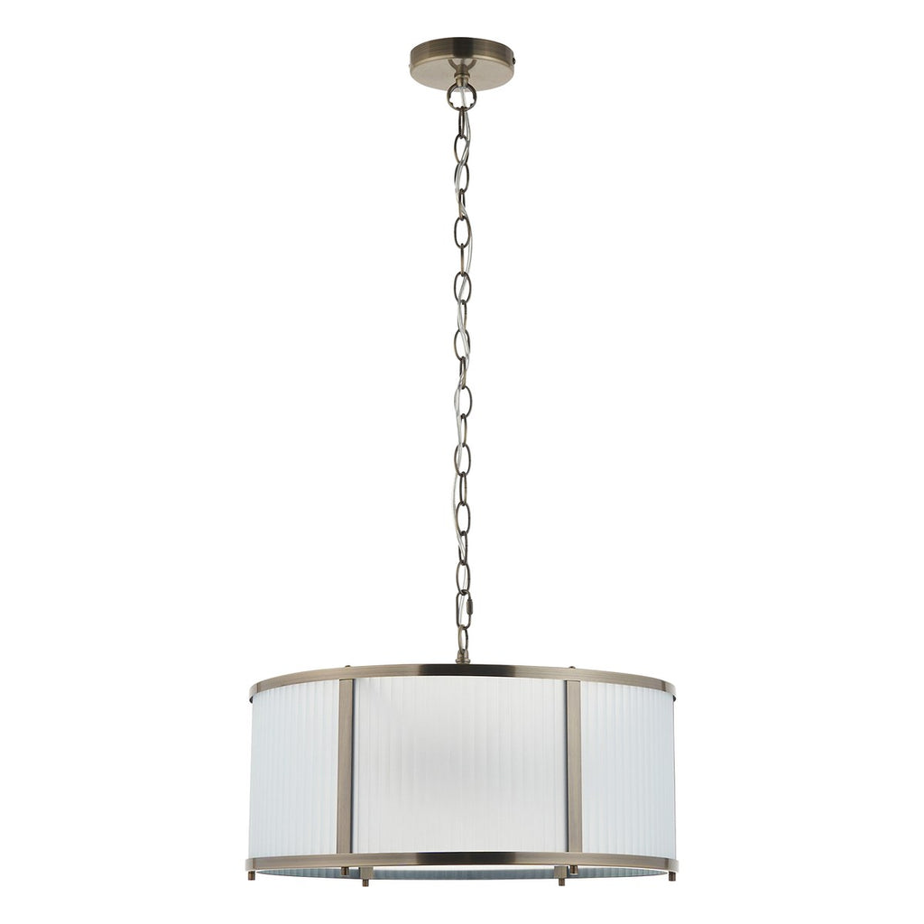 Endon Ridgeton 3 Light Pendant Light in Antique Brass with Frosted Ribbed Glass