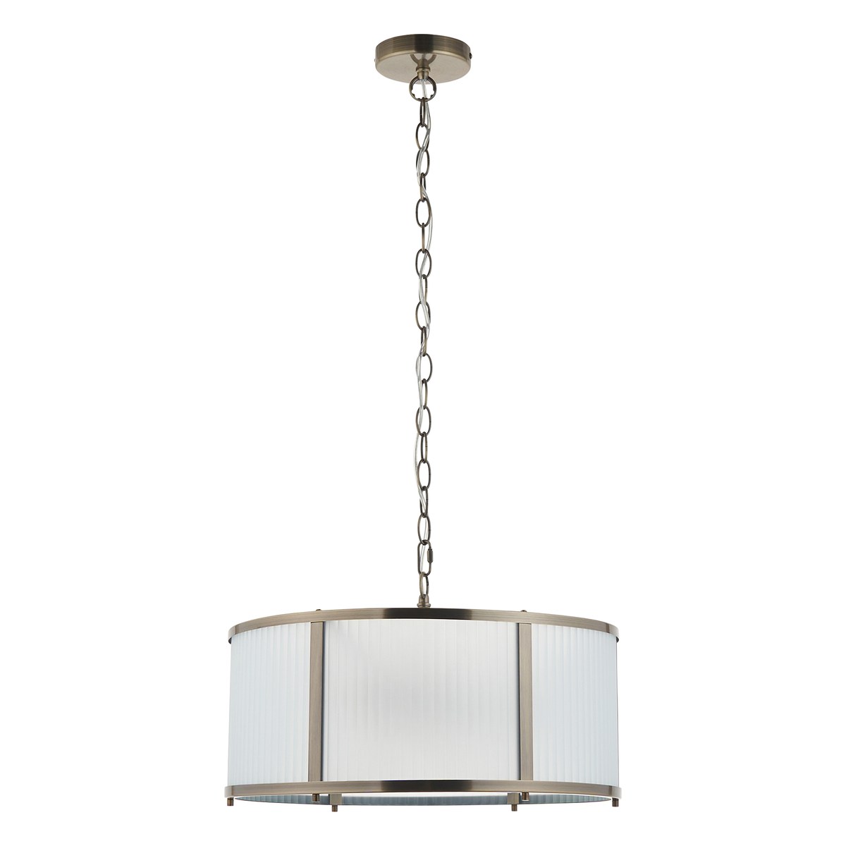 Endon Ridgeton 3 Light Pendant Light in Antique Brass with Frosted Ribbed Glass