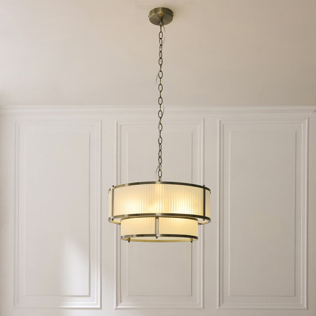 Endon Ridgeton 5 Light Tiered Pendant Light in Antique Brass with Frosted Ribbed Glass