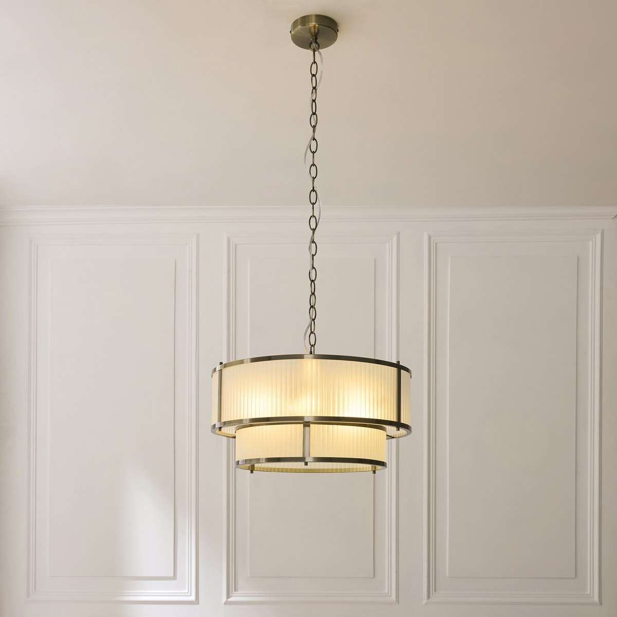 Endon Ridgeton 5 Light Tiered Pendant Light in Antique Brass with Frosted Ribbed Glass