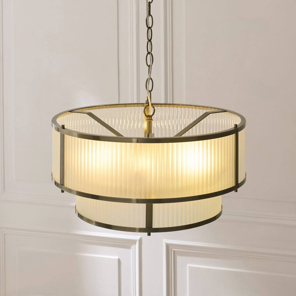 Endon Ridgeton 5 Light Tiered Pendant Light in Antique Brass with Frosted Ribbed Glass