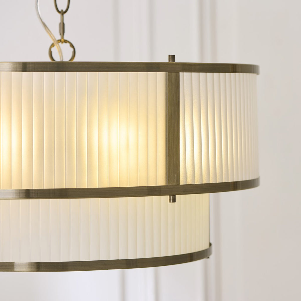 Endon Ridgeton 5 Light Tiered Pendant Light in Antique Brass with Frosted Ribbed Glass