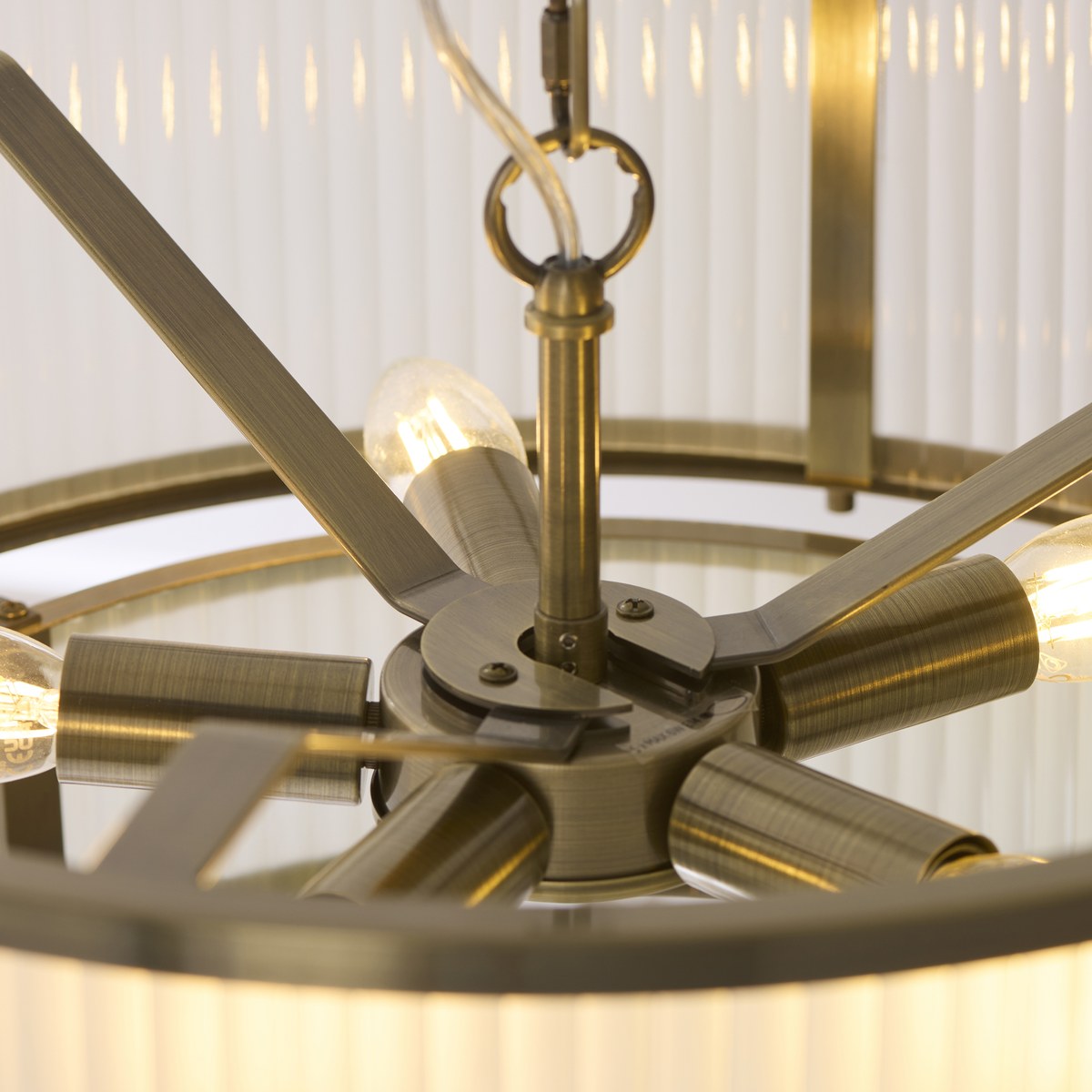Endon Ridgeton 5 Light Tiered Pendant Light in Antique Brass with Frosted Ribbed Glass