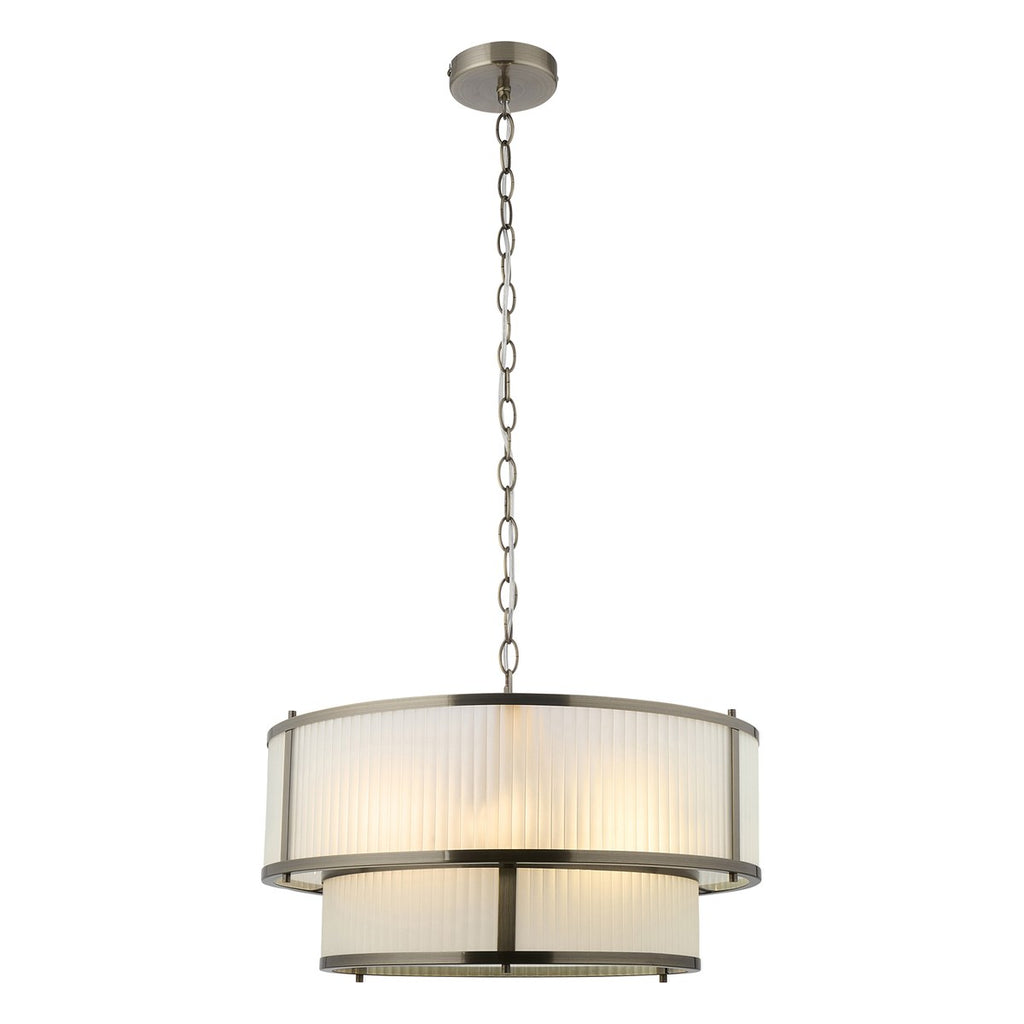 Endon Ridgeton 5 Light Tiered Pendant Light in Antique Brass with Frosted Ribbed Glass