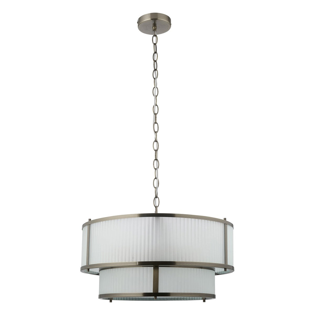 Endon Ridgeton 5 Light Tiered Pendant Light in Antique Brass with Frosted Ribbed Glass