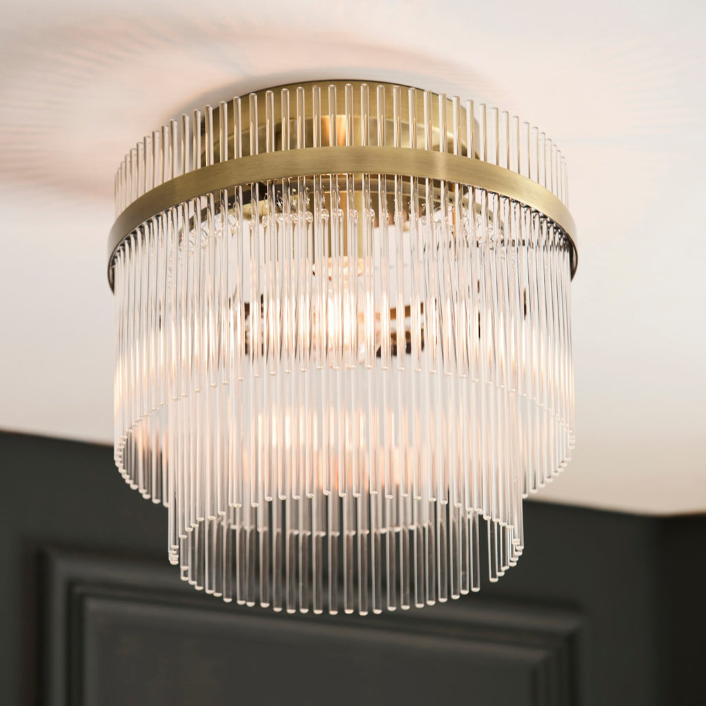Marietta Flush Ceiling Fitting in Antique Brass with Clear Glass Rods
