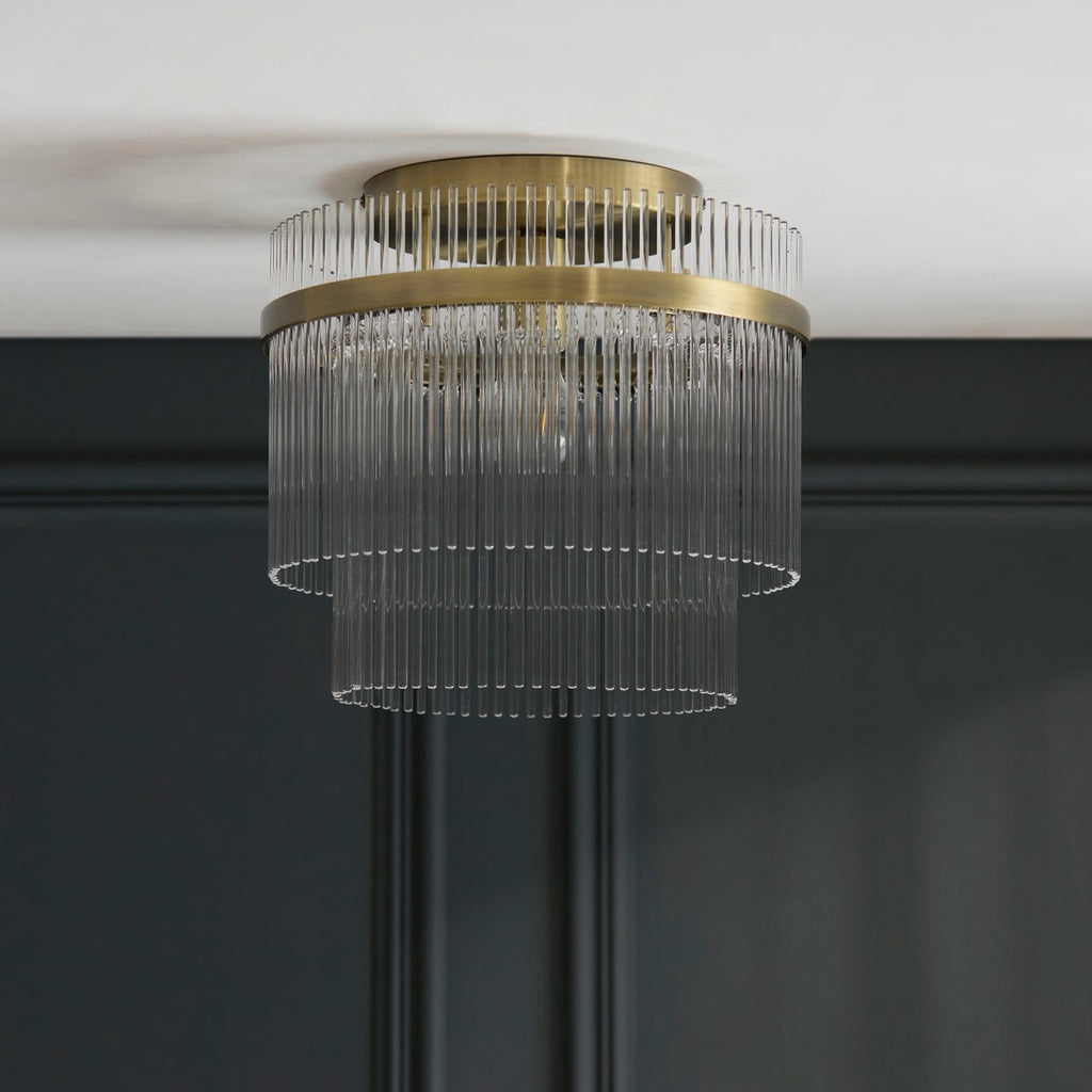 Marietta Flush Ceiling Fitting in Antique Brass with Clear Glass Rods