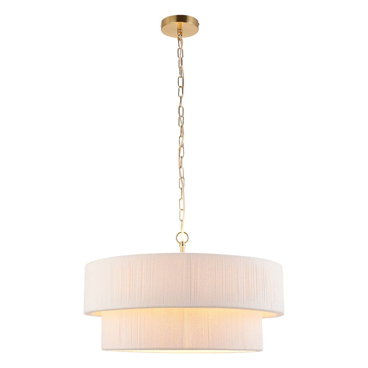 Endon Noah 5 Light Tiered Pendant Light in Brushed Brass with Cream Cotton Shade