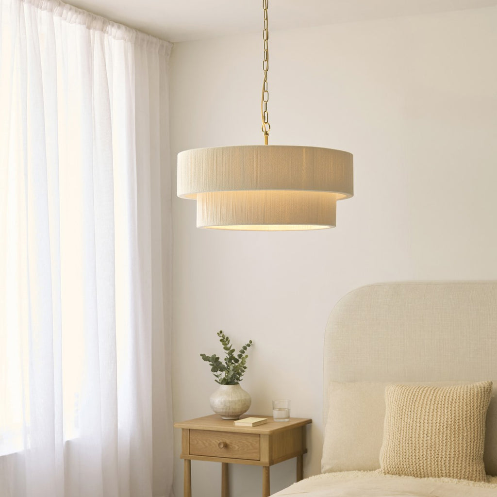 Endon Noah 5 Light Tiered Pendant Light in Brushed Brass with Cream Cotton Shade