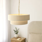 Endon Noah 5 Light Tiered Pendant Light in Brushed Brass with Cream Cotton Shade