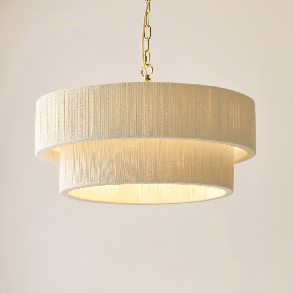 Endon Noah 5 Light Tiered Pendant Light in Brushed Brass with Cream Cotton Shade
