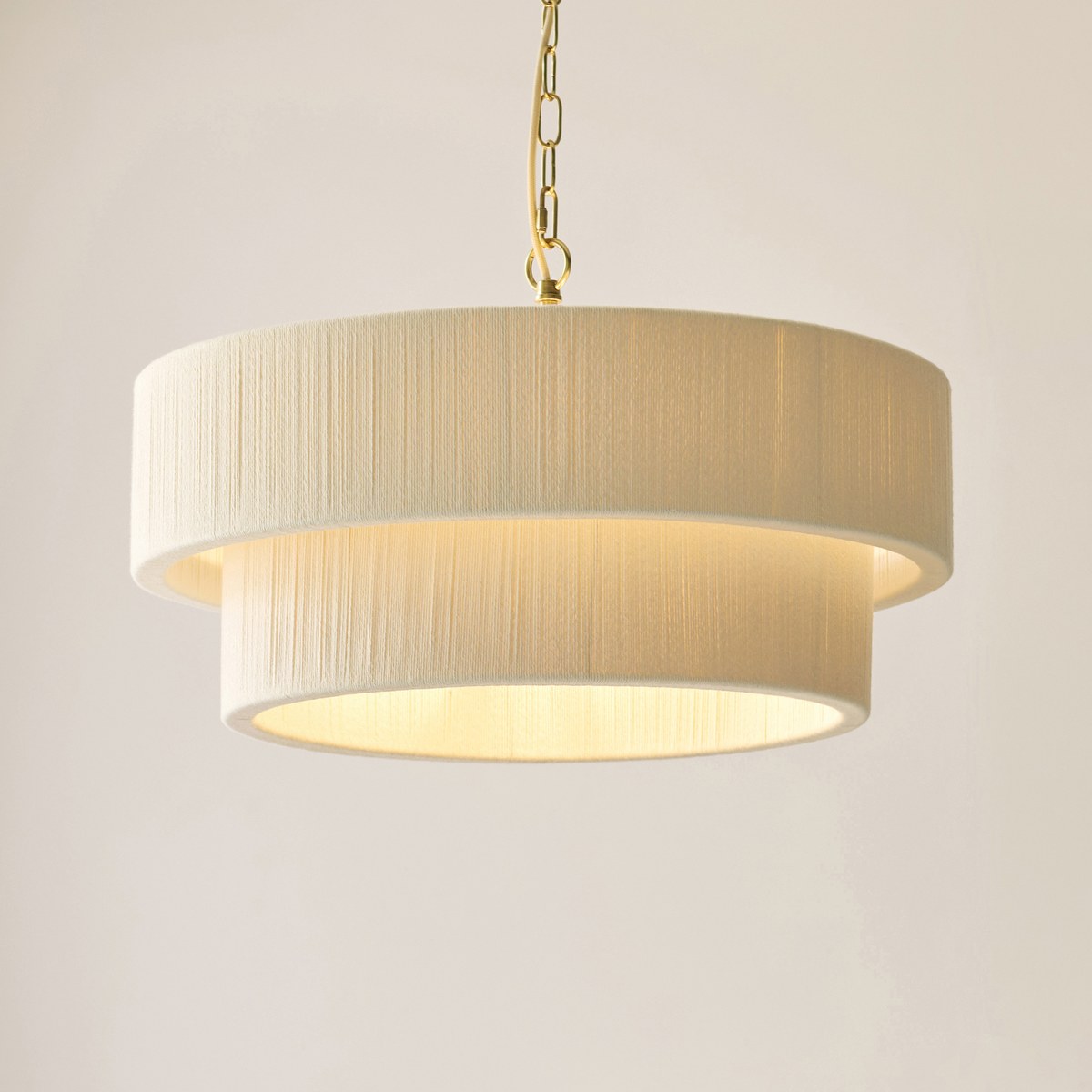 Endon Noah 5 Light Tiered Pendant Light in Brushed Brass with Cream Cotton Shade