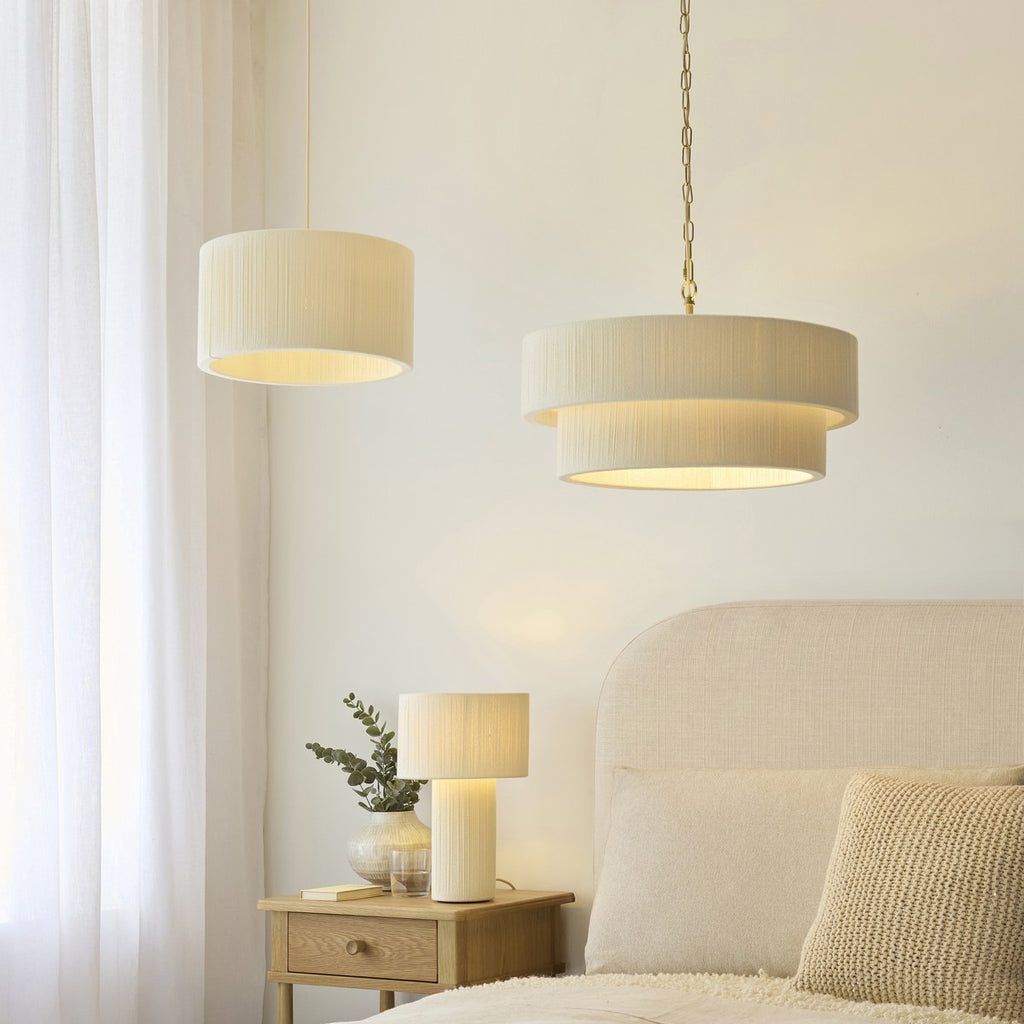 Endon Noah 5 Light Tiered Pendant Light in Brushed Brass with Cream Cotton Shade