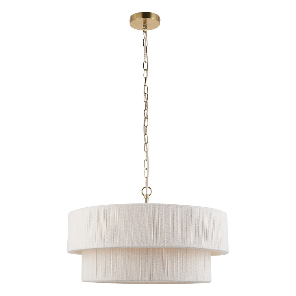 Endon Noah 5 Light Tiered Pendant Light in Brushed Brass with Cream Cotton Shade