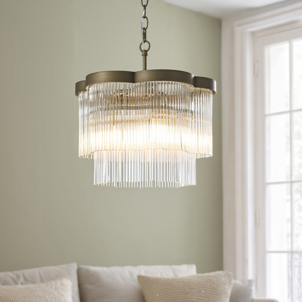 Endon Lucille 3 Light Pendant Light in Antique Brass with Clear Glass Rods
