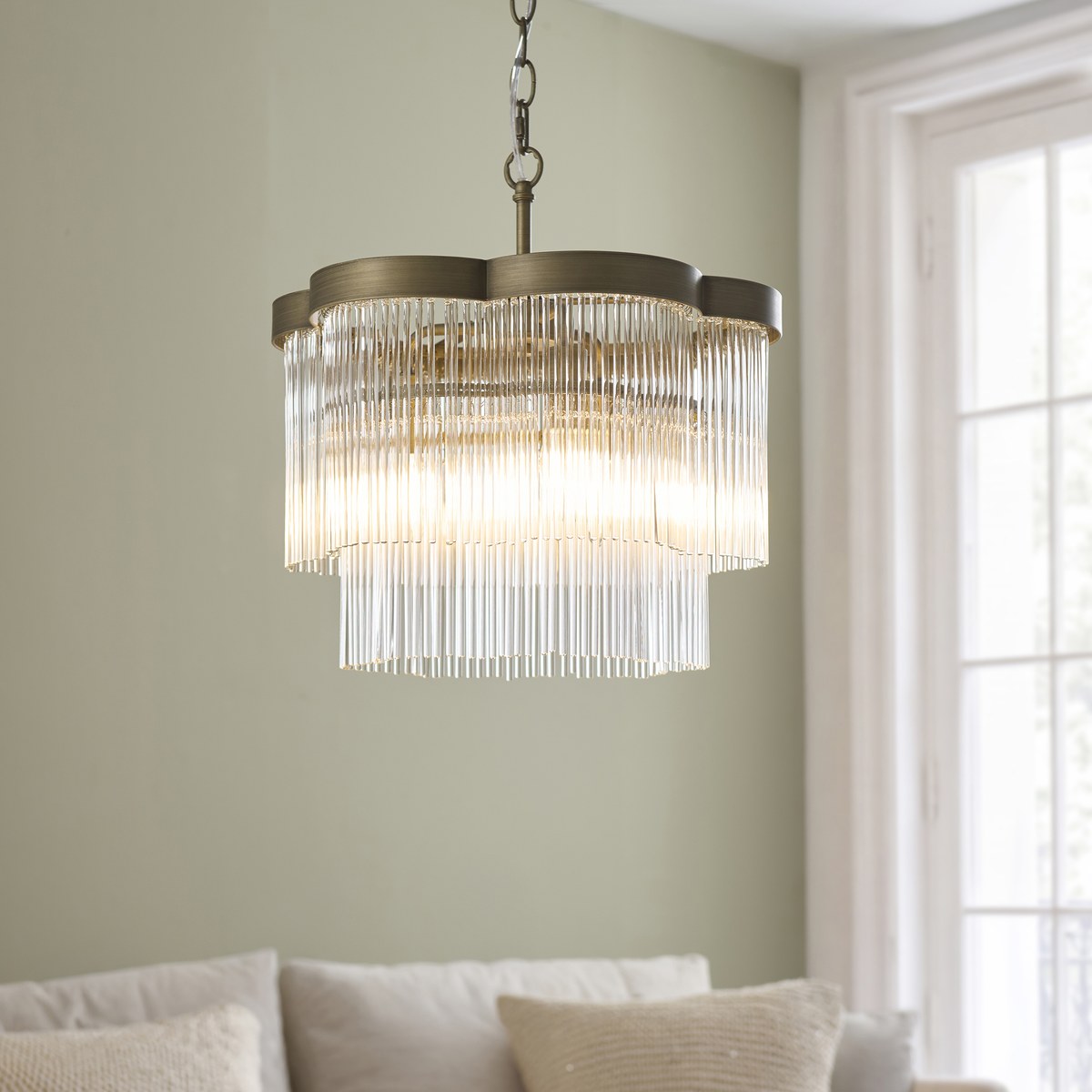 Endon Lucille 3 Light Pendant Light in Antique Brass with Clear Glass Rods