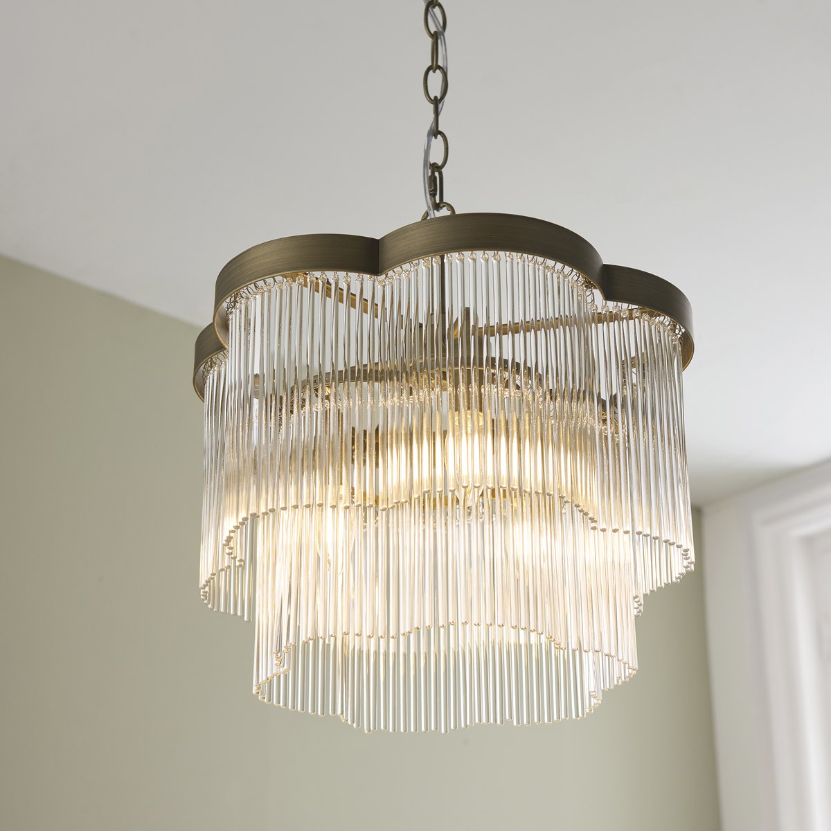 Endon Lucille 3 Light Pendant Light in Antique Brass with Clear Glass Rods