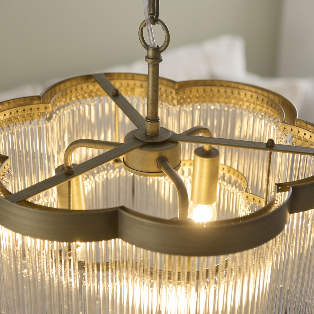 Endon Lucille 3 Light Pendant Light in Antique Brass with Clear Glass Rods