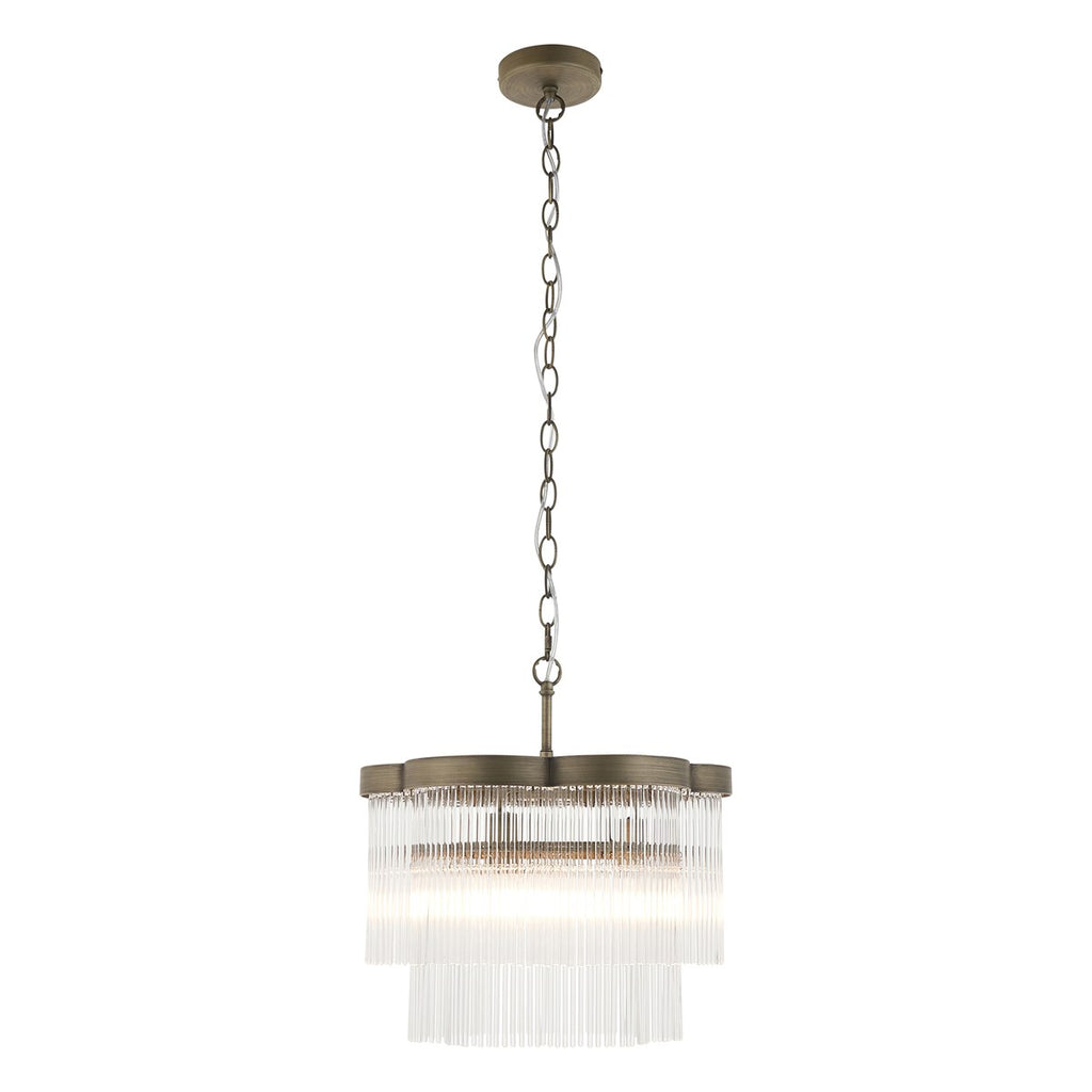 Endon Lucille 3 Light Pendant Light in Antique Brass with Clear Glass Rods