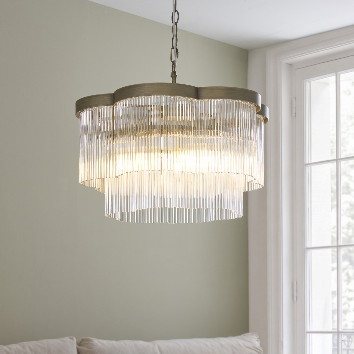 Endon Lucille 5 Light Pendant Light in Antique Brass with Clear Glass Rods