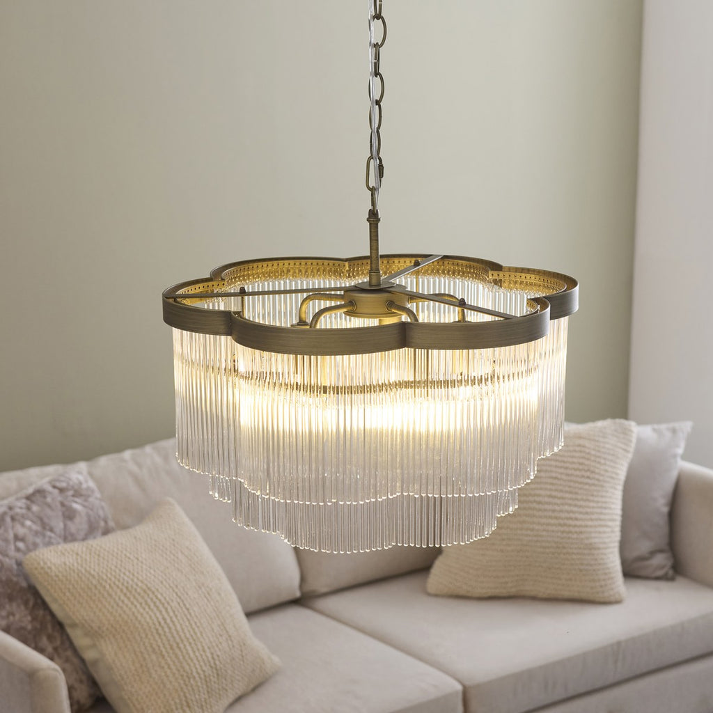 Endon Lucille 5 Light Pendant Light in Antique Brass with Clear Glass Rods