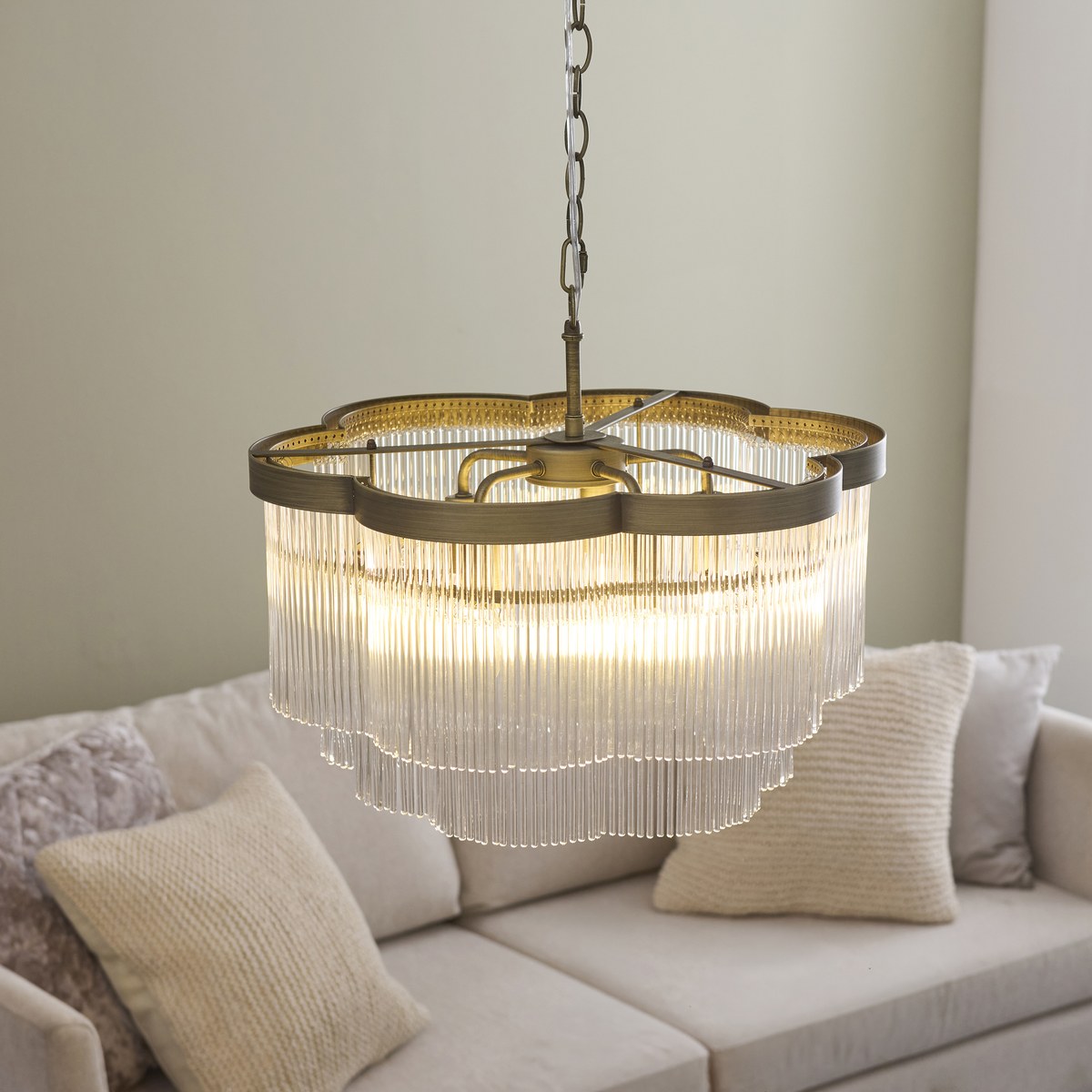 Endon Lucille 5 Light Pendant Light in Antique Brass with Clear Glass Rods