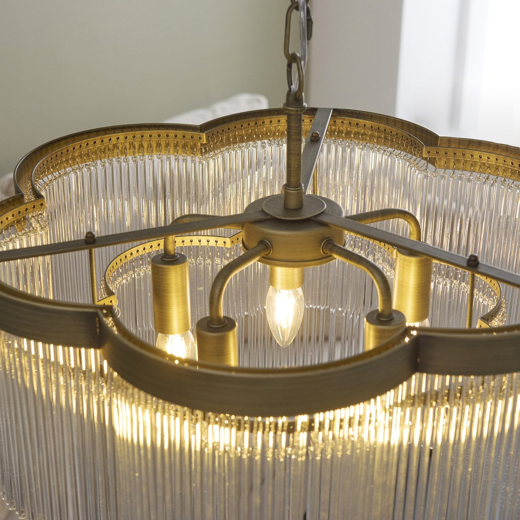 Endon Lucille 5 Light Pendant Light in Antique Brass with Clear Glass Rods